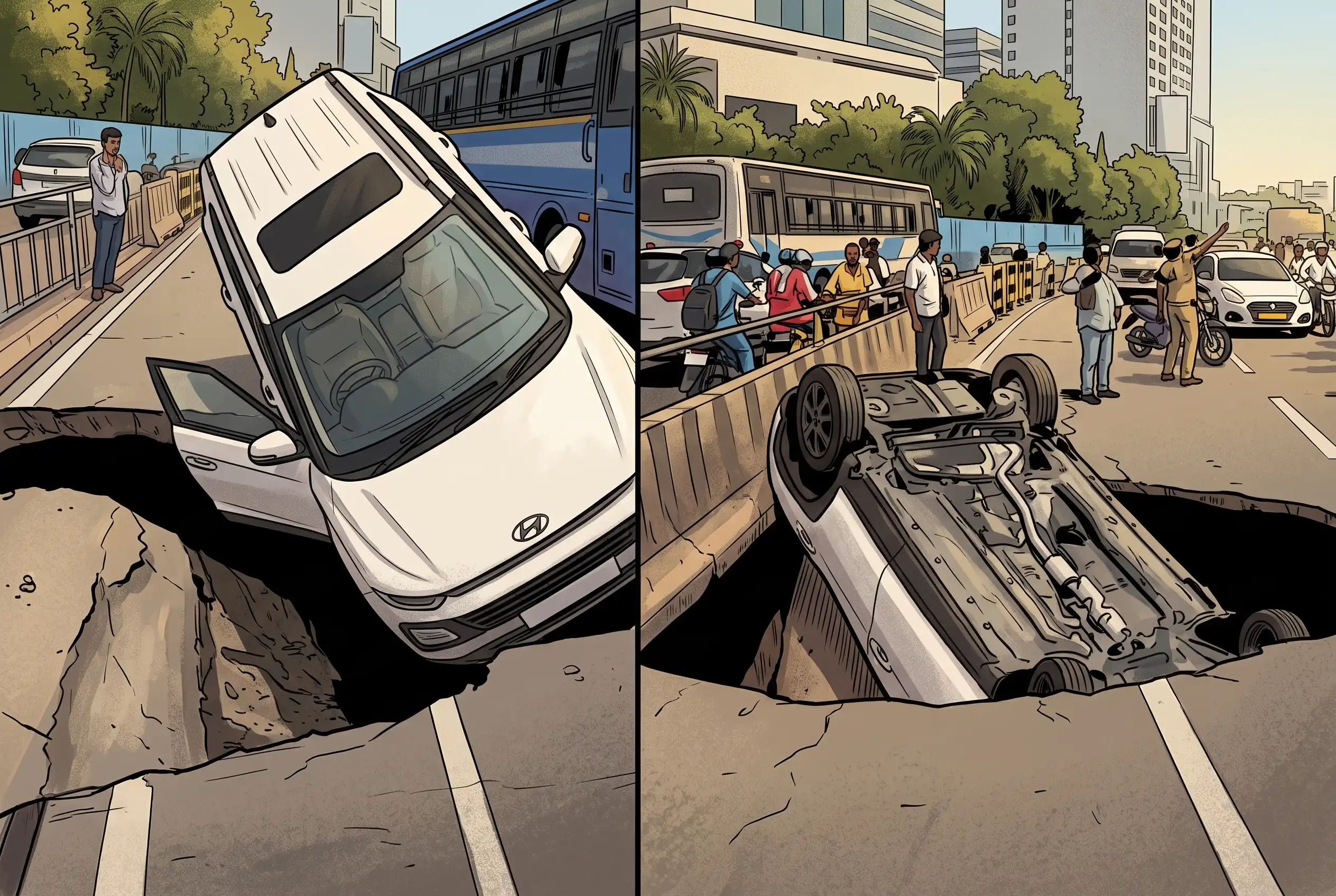 Road collapse near Tidel Park Chennai OMR corridor