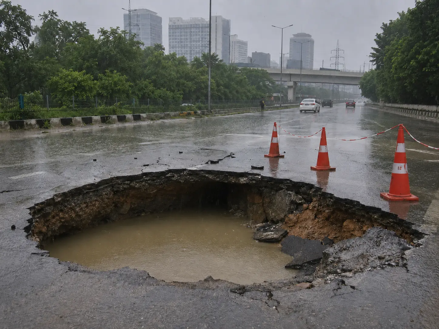 Road sinkhole at IFFCO Chowk Gurugram after monsoon rainfall